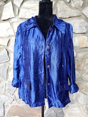 Vintage Metallic Electric Blue Button Up Blazer Top Plus Size Oversized